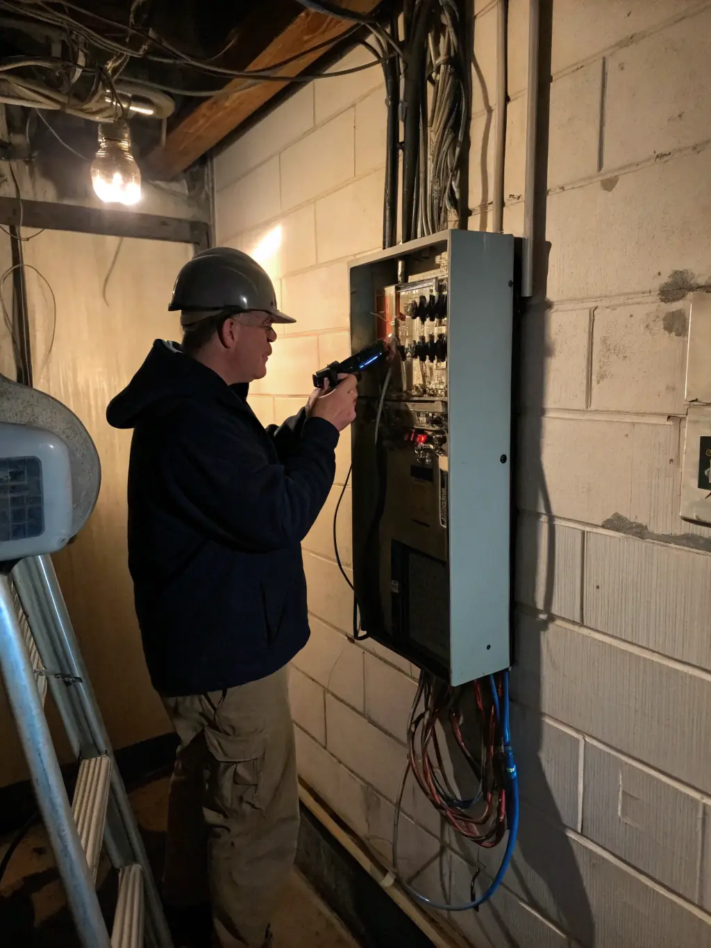 A detailed close-up of an inspector checking the electrical panel and wiring in a new construction property.