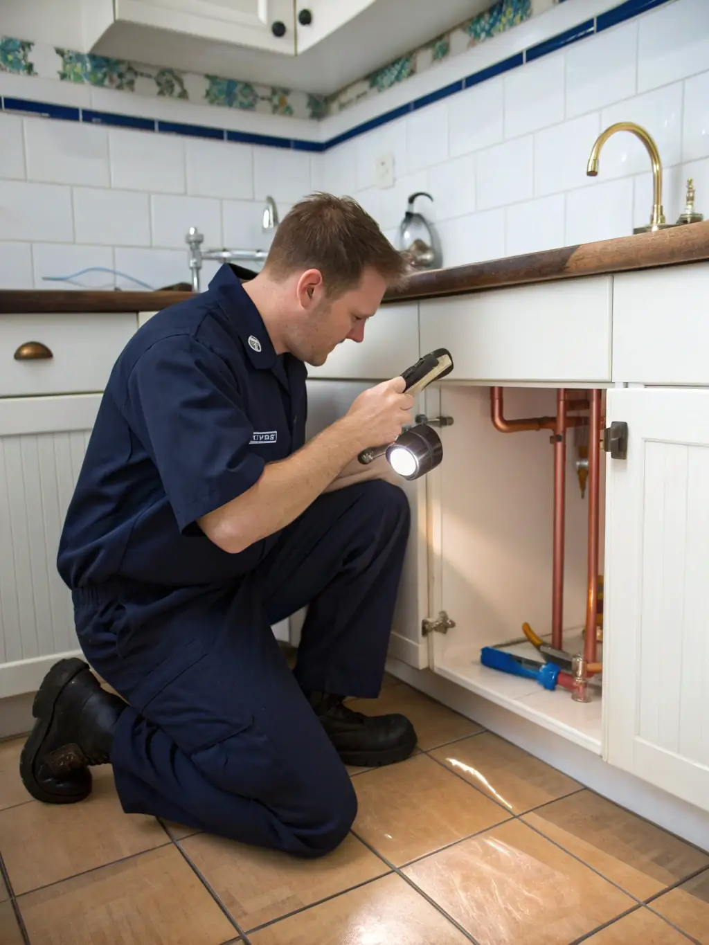 An inspector visually examining the plumbing and pipework under a sink in a newly built house.