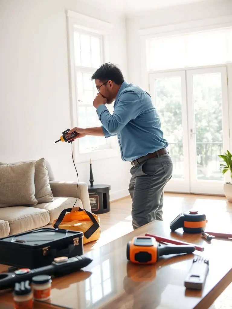 An inspector using a level to check the alignment and finish of drywall and plaster in a new build property.
