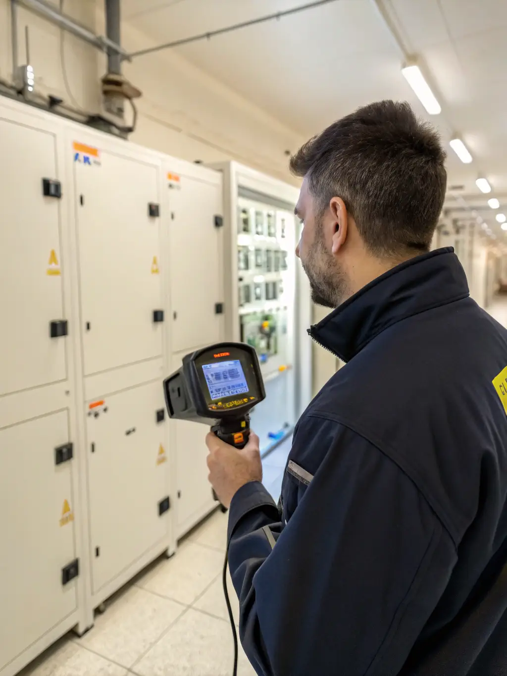 A professional inspector using a thermal imaging camera to detect insulation issues in a new build home, focusing on energy efficiency.